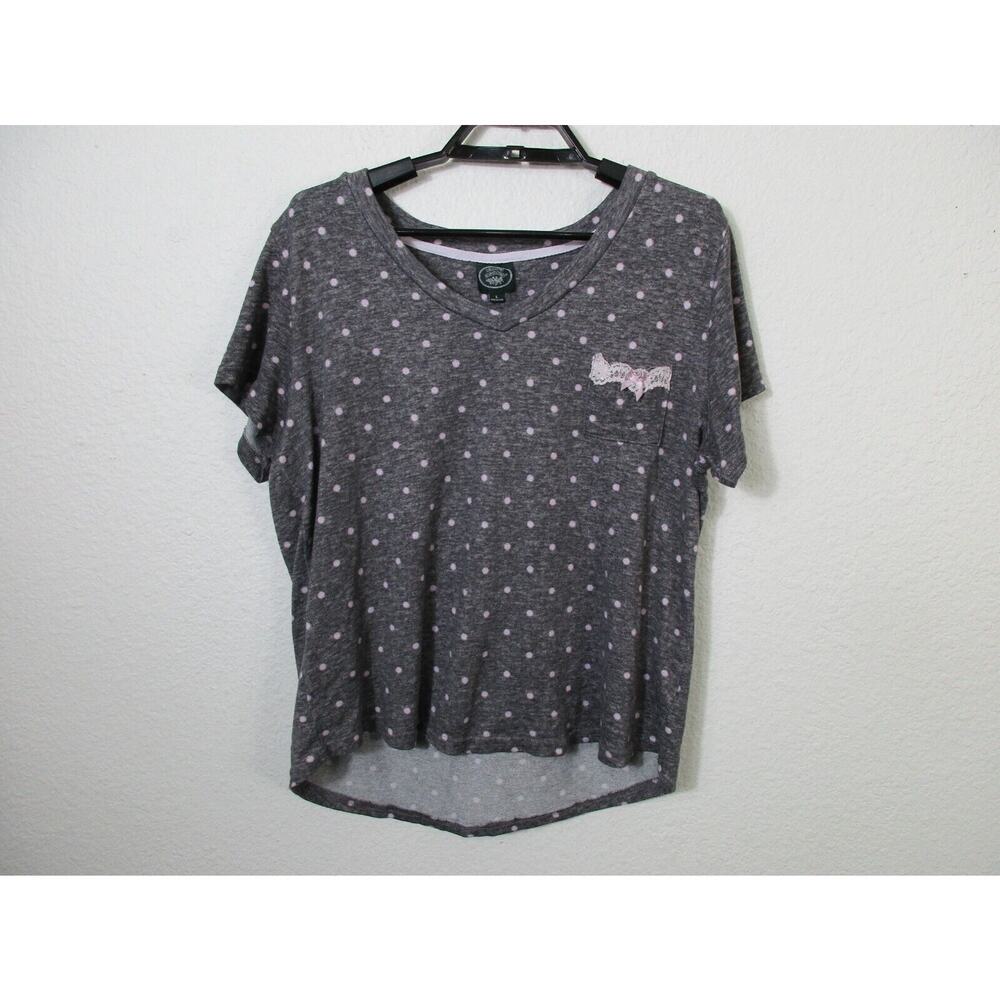 Laura Ashley Blouse Womens Size L Knit Polka Dot Gray Pink Short Sleeve